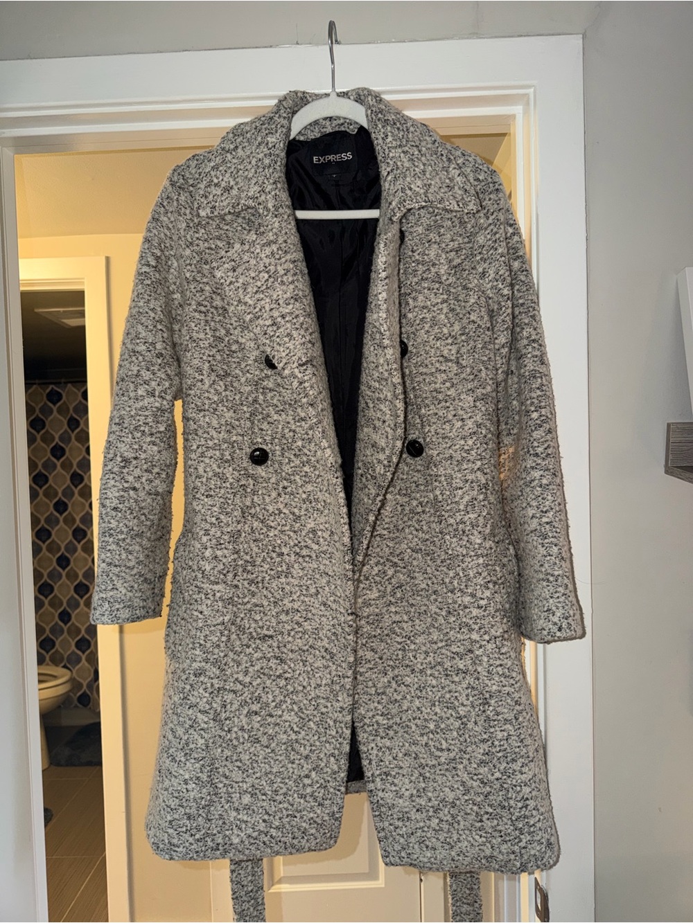 Express Women's Gray Bouclé Double-Breasted Pea Coat